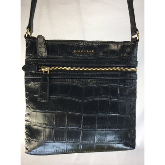 Cole Haan Crossbody Shoulder Purse Bag Genuine Leather Alligator Print Black  -N - Picture 1 of 16